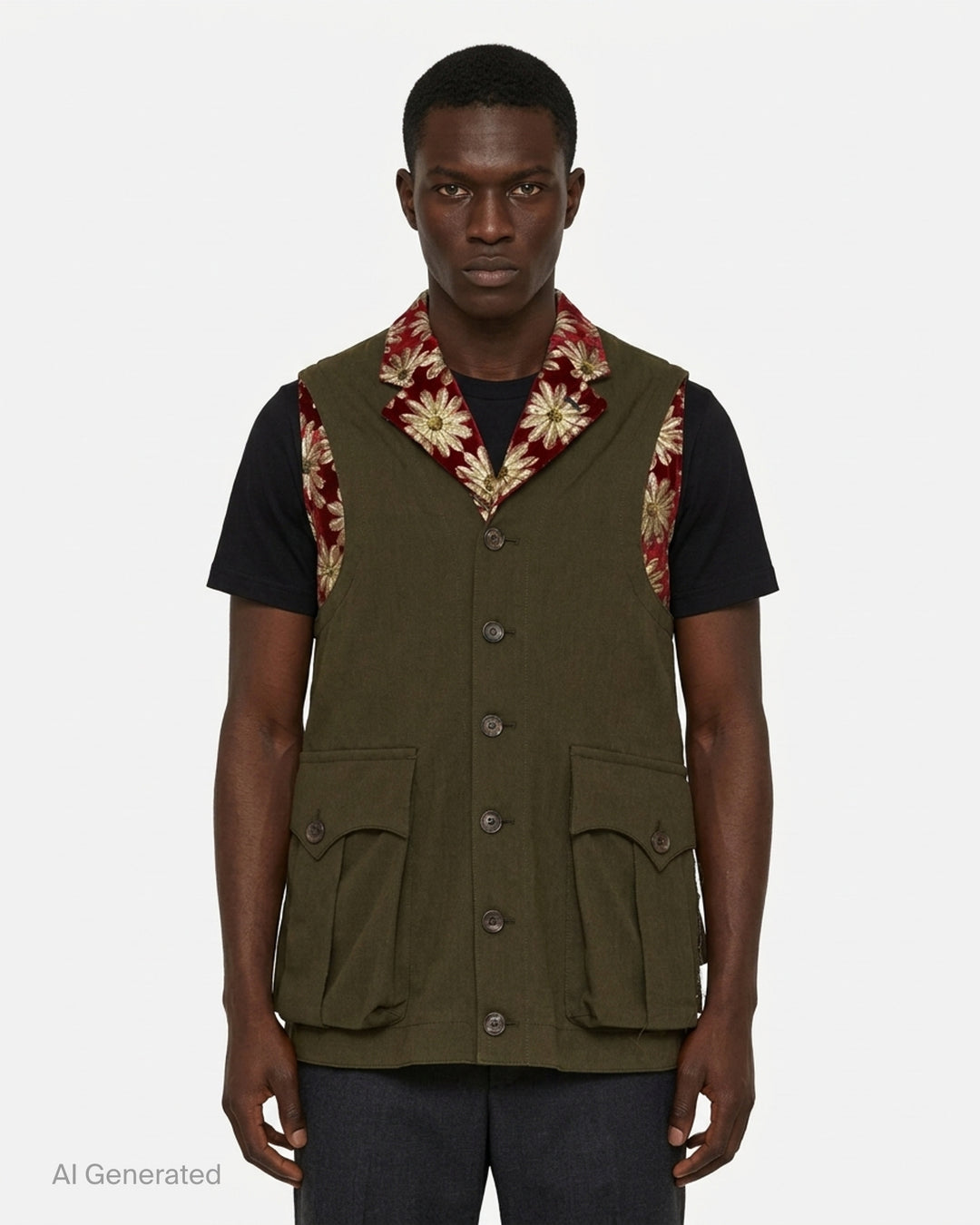 Comme des Garçons Homme Plus olive herringbone vest with floral jacquard lining, notched lapel, button front and two flap pockets - front