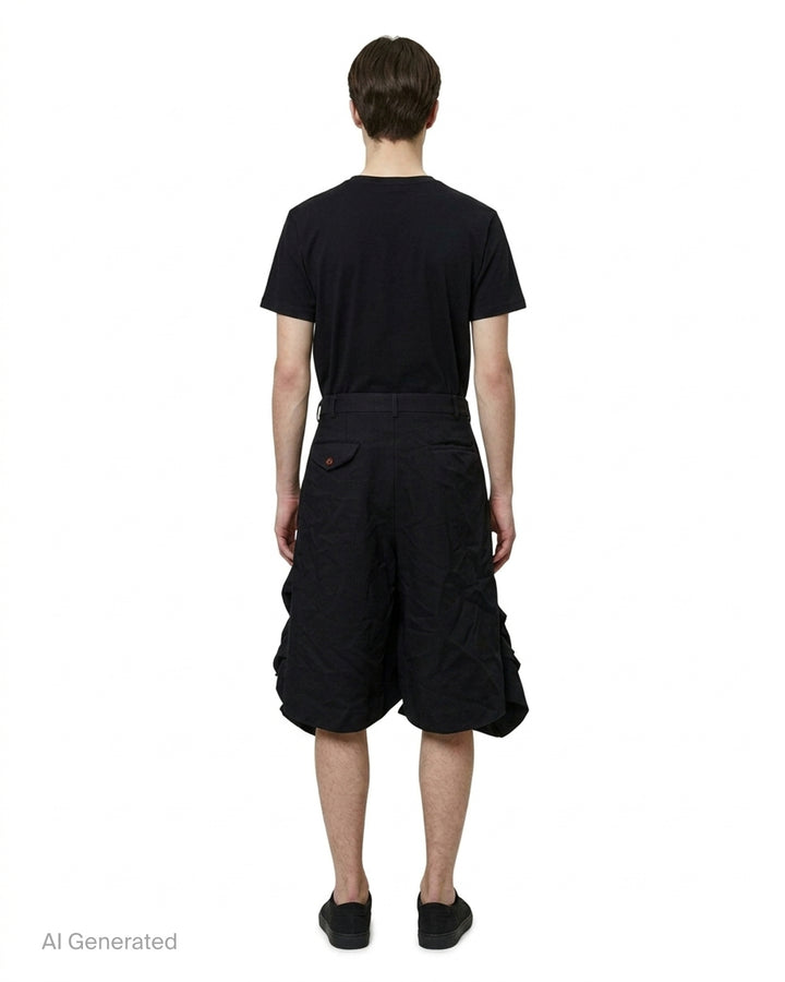 Comme des Garçons Homme Plus garment-dyed black polyester serge shorts with dramatic ruched ruffle detailing and structured waistband, front view - back