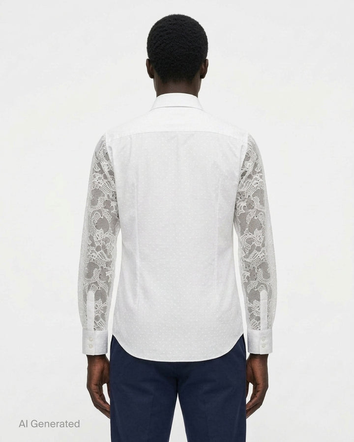 Comme des Garçons Homme Plus white long-sleeve shirt with jacquard dot body and floral lace sleeves, shown flat on a white background - back