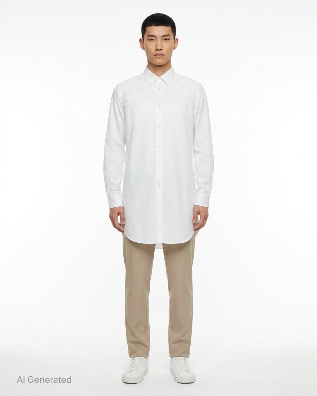 Comme des Garçons Homme Plus white long sleeve shirt with tonal lace floral yoke panel, pearlescent button fastening, and an elongated relaxed silhouette - front