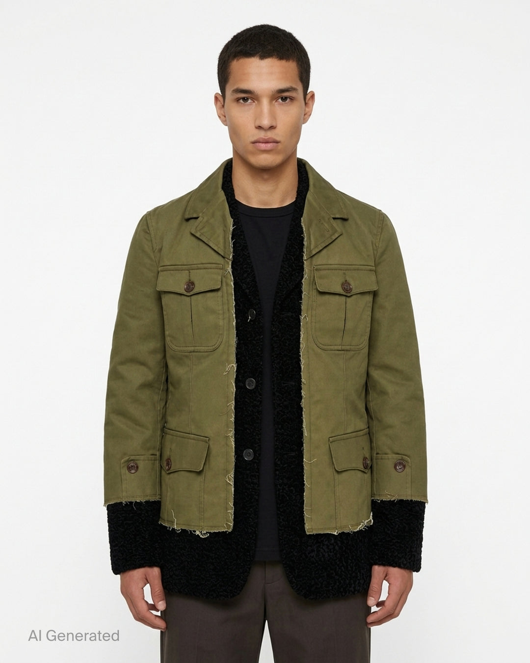 Comme des Garçons Homme Plus olive utility jacket with raw edges layered over a black textured inner jacket, shown from the front - front
