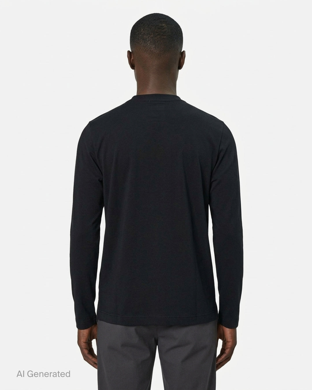 Comme des Garçons Homme Plus black long-sleeve polyester jersey tee with sculptural curved overlay bib panel and open split hem, displayed flat on white background - back