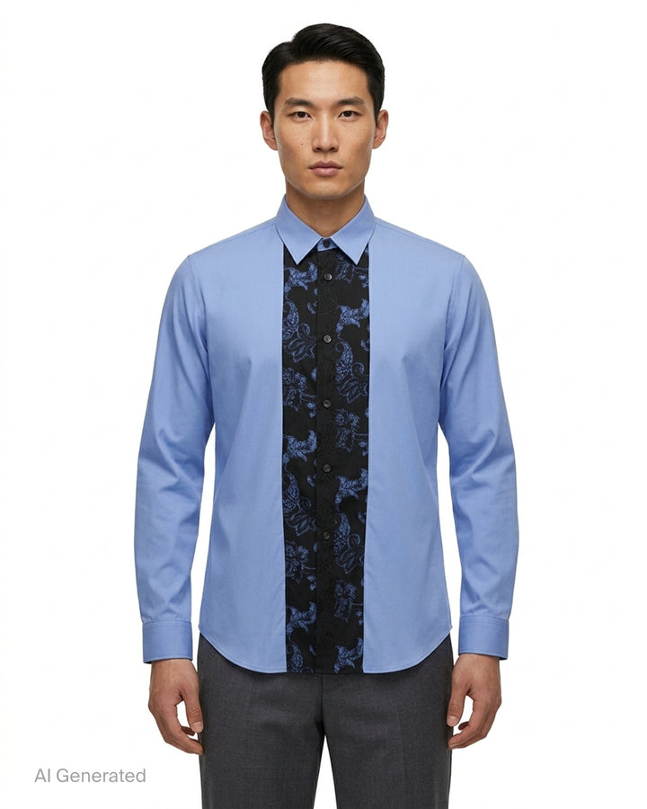 Comme des Garçons Homme Plus long sleeve cornflower blue cotton shirt with black and blue floral jacquard contrast panel down the centre front placket - front