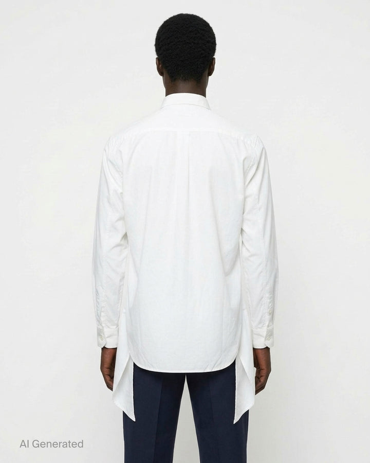 Comme des Garçons Homme Plus black long sleeve shirt with draped and gathered fabric panel at the front torso, silver-tone buttons, point collar, and extended hem with vent - back