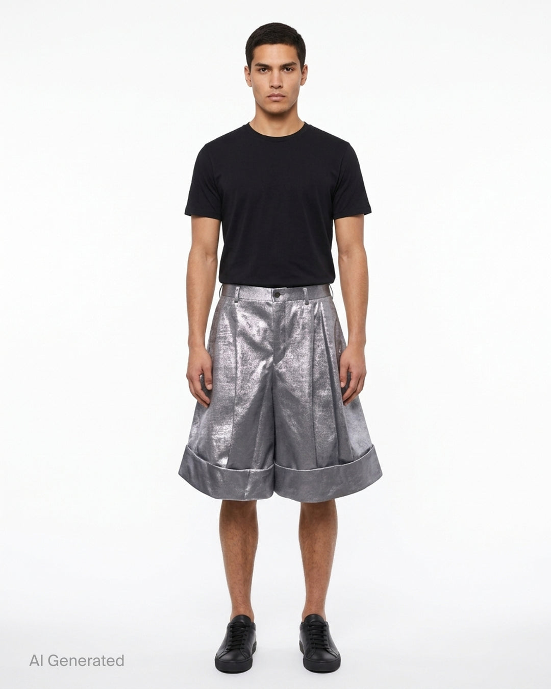 Comme des Garçons Homme Plus metallic silver foil polyester georgette wide-leg pleated shorts with turn-up cuffs and high-rise waistband - front