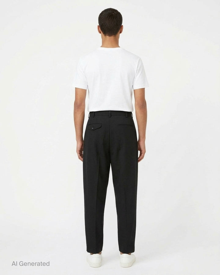 Comme des Garçons Homme Plus wool gabardine double-pleat high-rise tapered trousers in dark charcoal, flat lay on white background - back