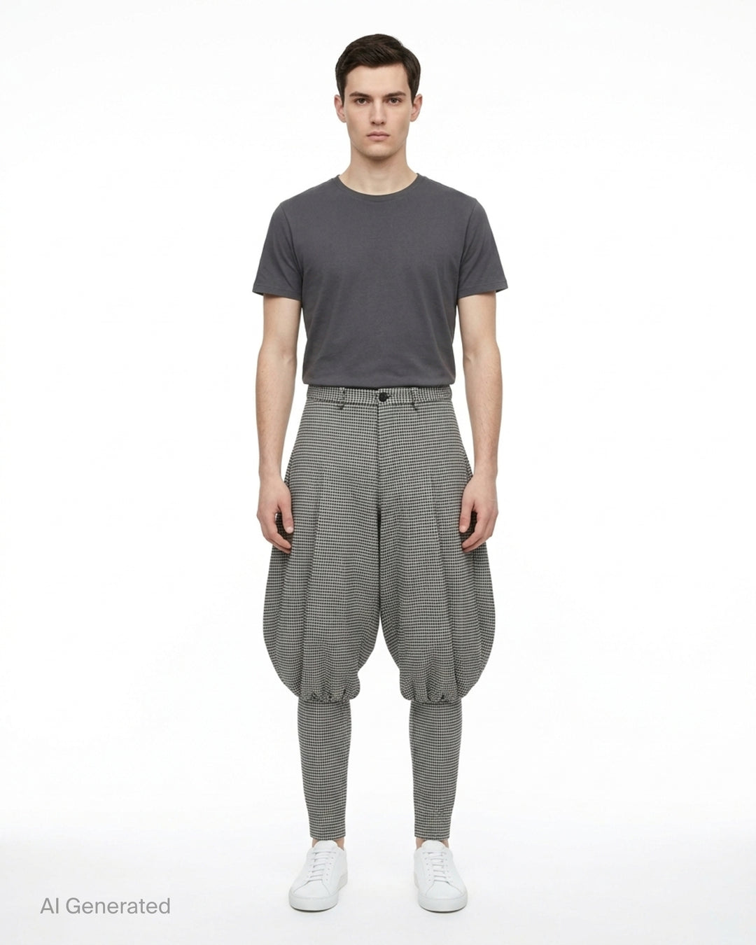 Comme des Garçons Homme Plus wool glen-check balloon pants in monochrome micro-houndstooth, featuring a dramatically voluminous upper leg gathered below the knee and tapering to a slim ankle, shown flat on white background - front