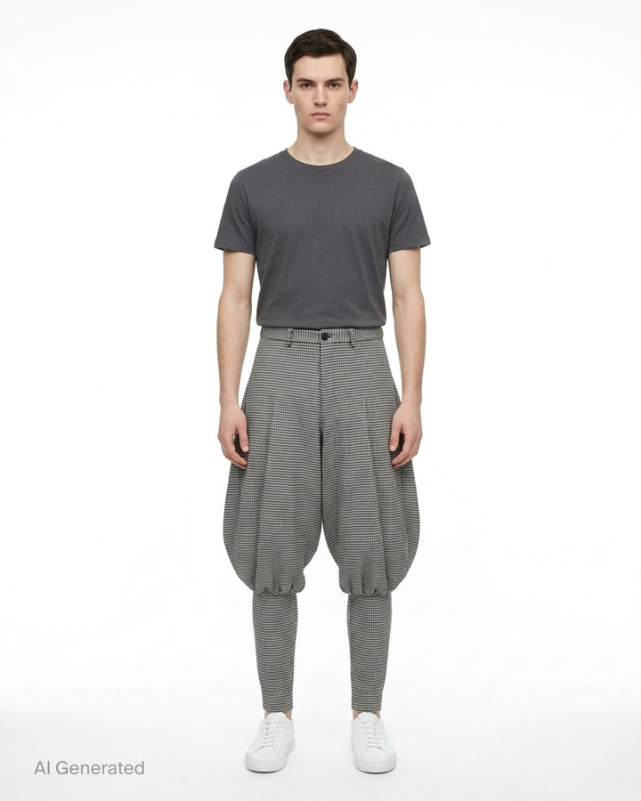 Comme des Garçons Homme Plus wool glen-check balloon pants in monochrome micro-houndstooth, featuring a dramatically voluminous upper leg gathered below the knee and tapering to a slim ankle, shown flat on white background - front