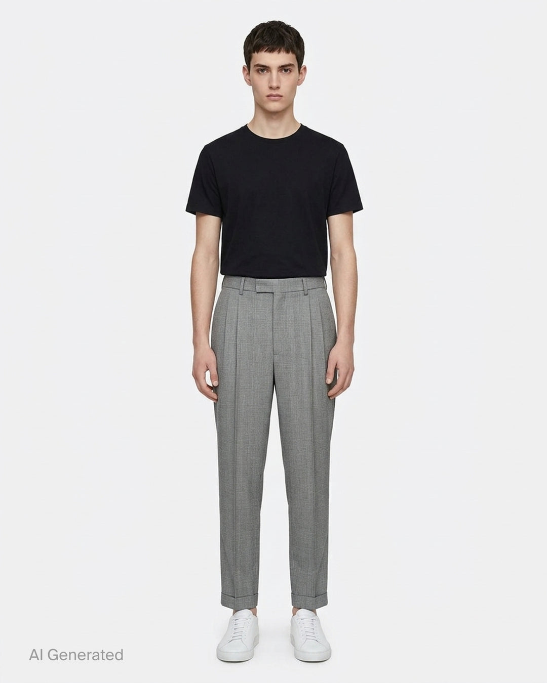Comme des Garçons Homme Plus grey wool glen-check double-pleat tapered trousers on a white background, front view - front