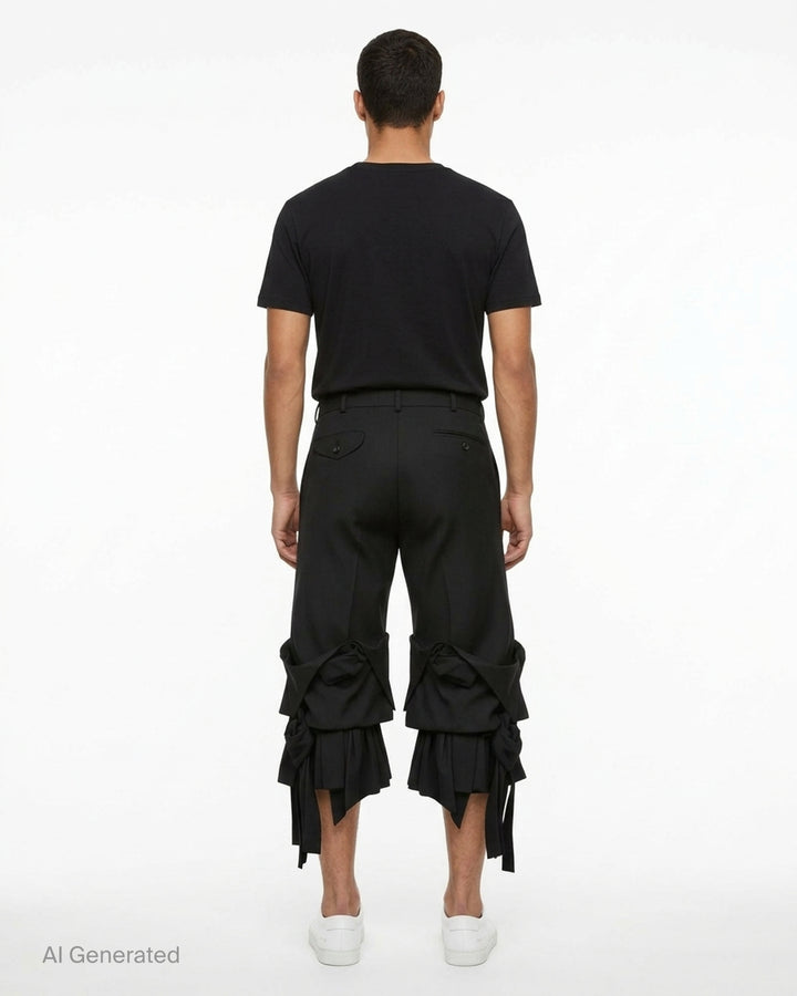 Comme des Garçons Homme Plus black wool tropical wide-leg pants with sculptural knotted bow and cascading ribbon hem trim, front view on white background - back