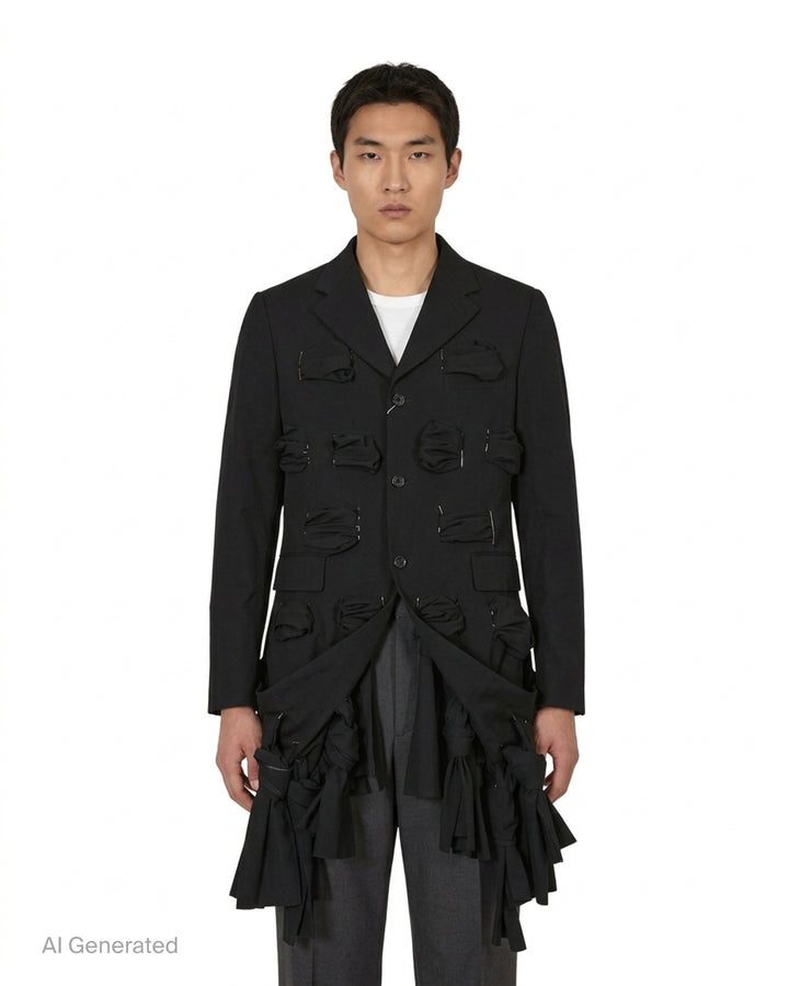 Comme des Garçons Homme Plus black tropical wool single-breasted jacket with gathered fabric loop appliqués across the body and cascading deconstructed strip detailing at the hem, front view on white background - front