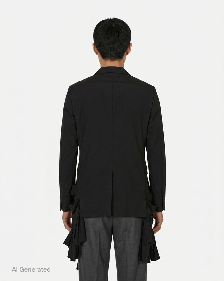 Comme des Garçons Homme Plus black tropical wool single-breasted jacket with gathered fabric loop appliqués across the body and cascading deconstructed strip detailing at the hem, front view on white background - back