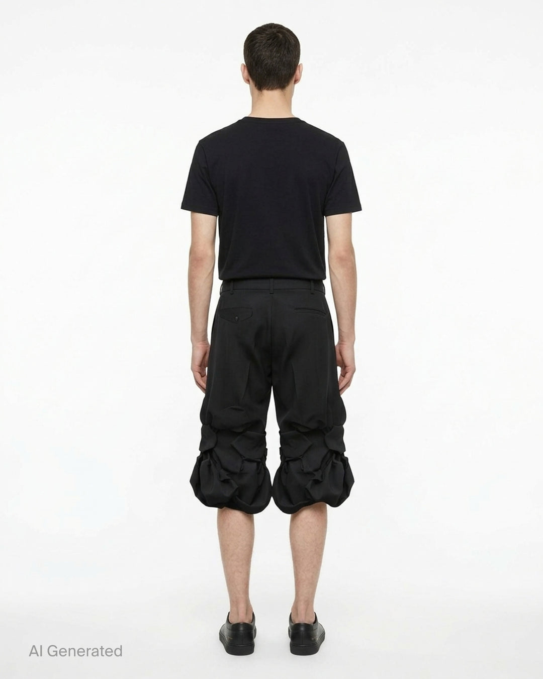 Comme des Garçons Homme Plus black wool tropical shorts with knotted fabric floral clusters and voluminous ruffled hem, front view on white background - back