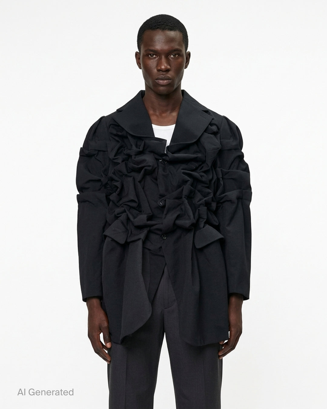 Comme des Garçons Homme Plus black wool tropical jacket with dramatic sculptural ruffles cascading across the chest and shoulders, long sleeves, and a notched lapel collar, displayed on a white background - front