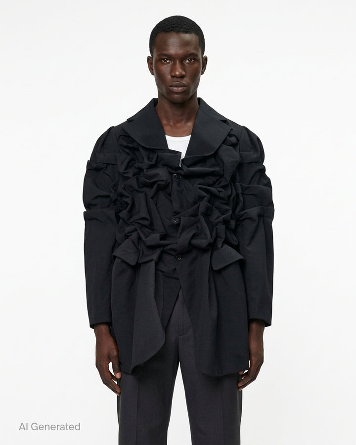 Comme des Garçons Homme Plus black wool tropical jacket with dramatic sculptural ruffles cascading across the chest and shoulders, long sleeves, and a notched lapel collar, displayed on a white background - front