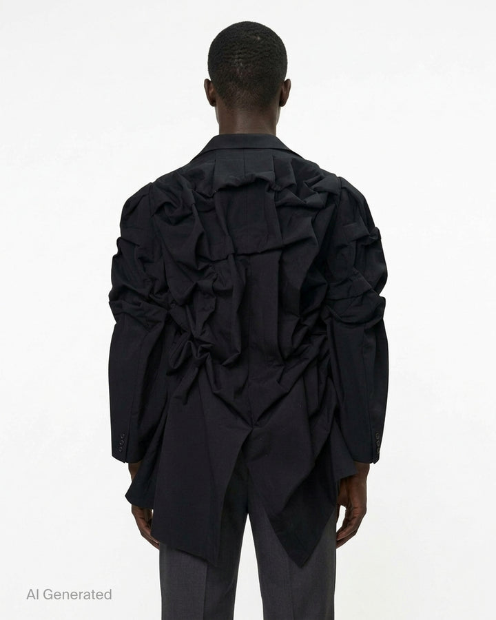 Comme des Garçons Homme Plus black wool tropical jacket with dramatic sculptural ruffles cascading across the chest and shoulders, long sleeves, and a notched lapel collar, displayed on a white background - back