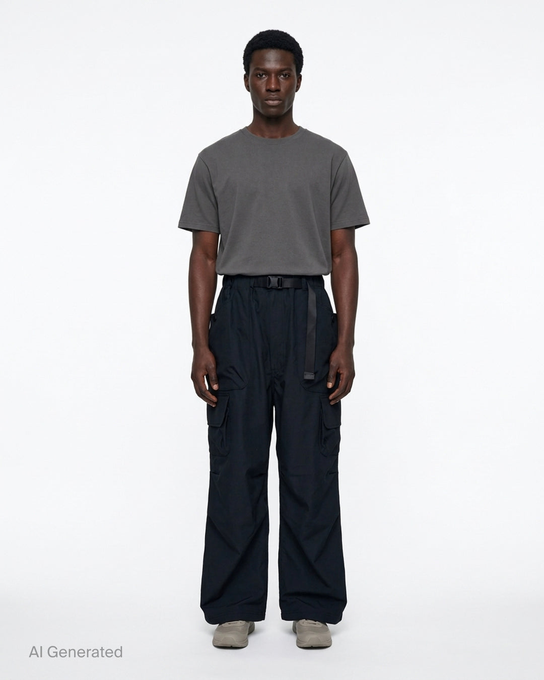 Black wide-leg cotton twill cargo pants with buckle webbing belt and flap utility pockets by Comme des Garçons Homme - front