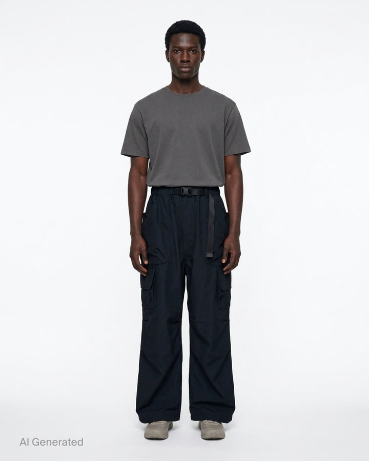 Black wide-leg cotton twill cargo pants with buckle webbing belt and flap utility pockets by Comme des Garçons Homme - front
