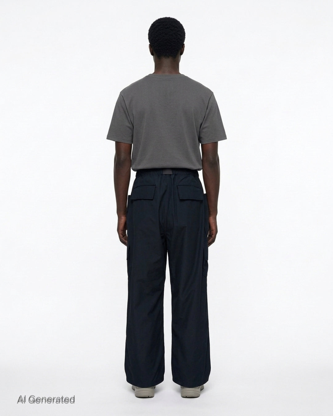 Black wide-leg cotton twill cargo pants with buckle webbing belt and flap utility pockets by Comme des Garçons Homme - back