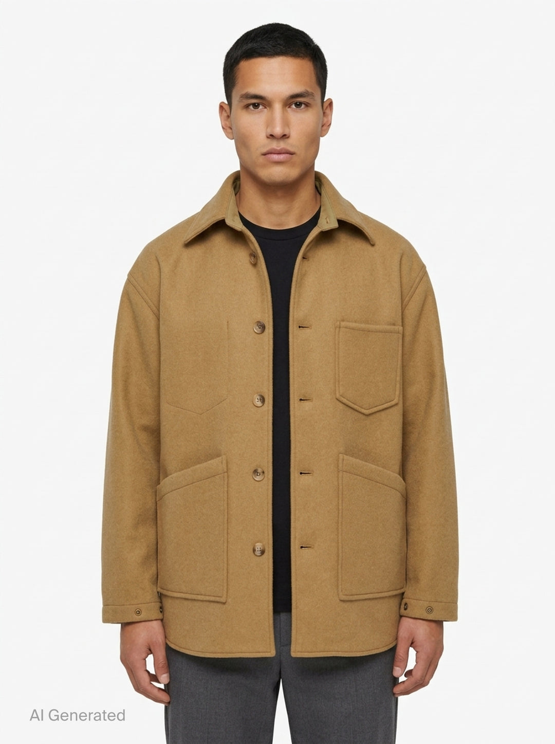 Comme des Garçons Homme wool beaver bonding jacket in camel, featuring a spread collar, five tortoiseshell-effect buttons, a chest patch pocket with angular seam detail, and two large lower patch pockets - front