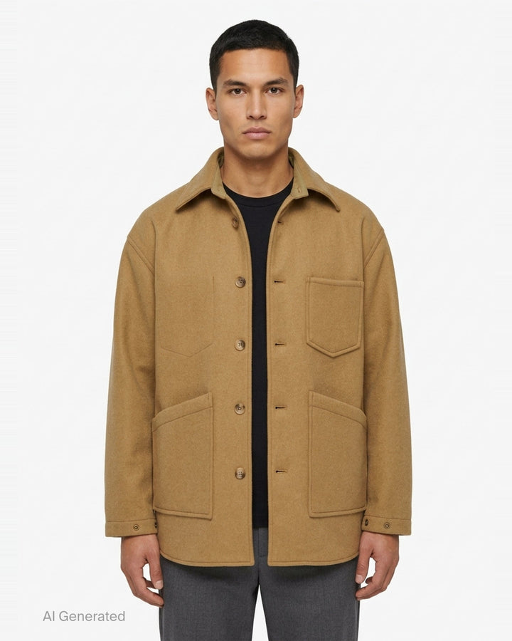 Comme des Garçons Homme wool beaver bonding jacket in camel, featuring a spread collar, five tortoiseshell-effect buttons, a chest patch pocket with angular seam detail, and two large lower patch pockets - front