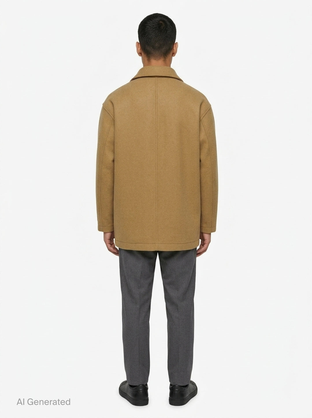 Comme des Garçons Homme wool beaver bonding jacket in camel, featuring a spread collar, five tortoiseshell-effect buttons, a chest patch pocket with angular seam detail, and two large lower patch pockets - back