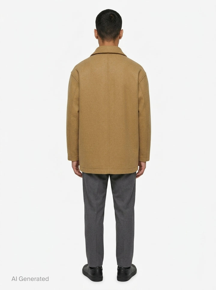 Comme des Garçons Homme wool beaver bonding jacket in camel, featuring a spread collar, five tortoiseshell-effect buttons, a chest patch pocket with angular seam detail, and two large lower patch pockets - back