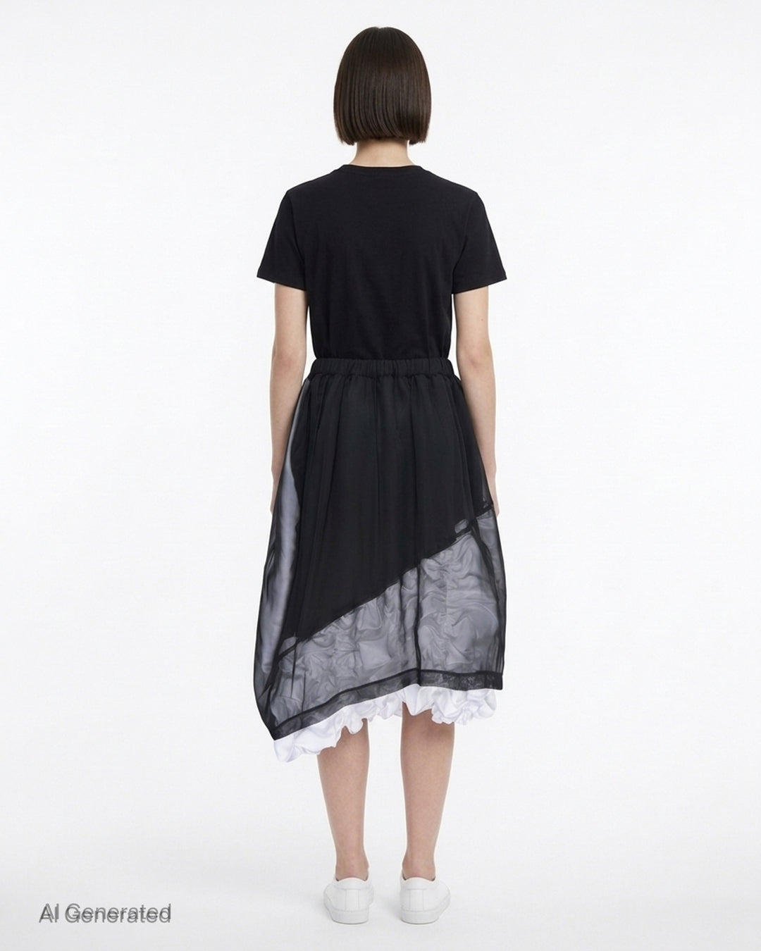 Comme des Garçons layered asymmetrical skirt in sheer black with ruched white lining and contrast white hem - back