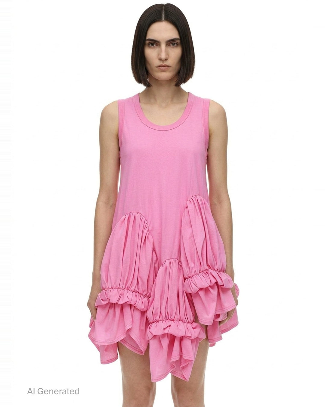 Comme des Garçons pink sleeveless dress with asymmetric gathered bubble panels and elasticated ruffle trim across the lower body - front