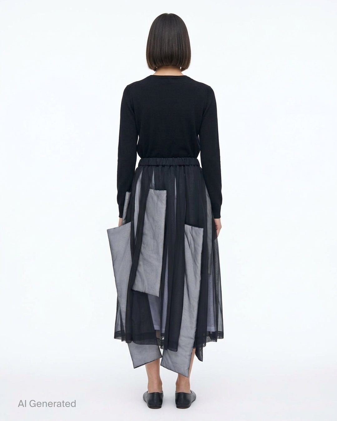 Comme des Garçons layered panel skirt in sheer black with padded grey panels and an elasticated waist - back