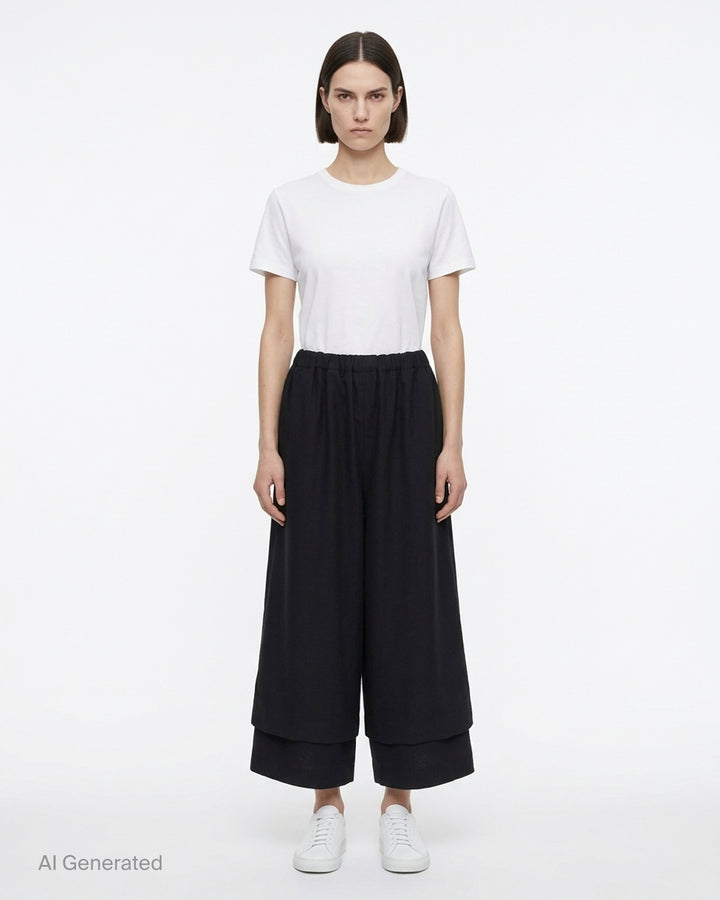 Comme des Garçons black wool georgette wide-leg pants with an elasticated waist and double-layered hem, shown from the front - front