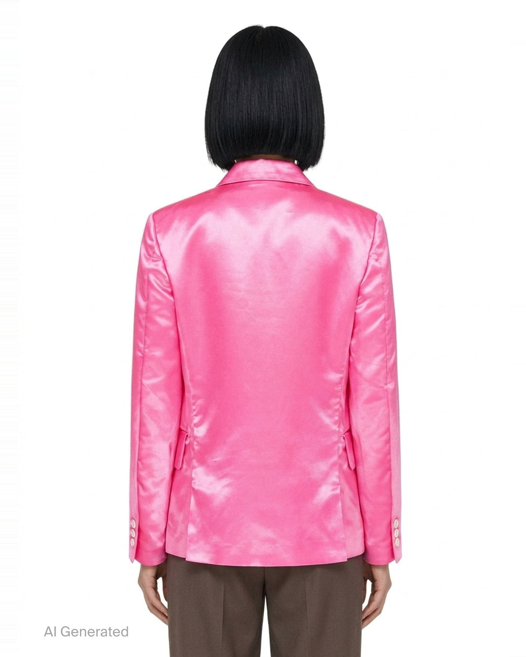 Comme des Garçons hot pink satin single-breasted blazer with large cascading gathered ruffle appliqués across the front, four cream buttons, and a notched lapel, product flat lay on white background - back