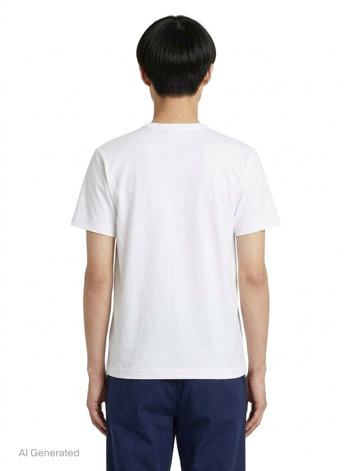 Comme des Garçons PLAY white short sleeve tee with oversized camouflage heart graphic featuring embroidered eyes and red heart emblem patch on chest - back