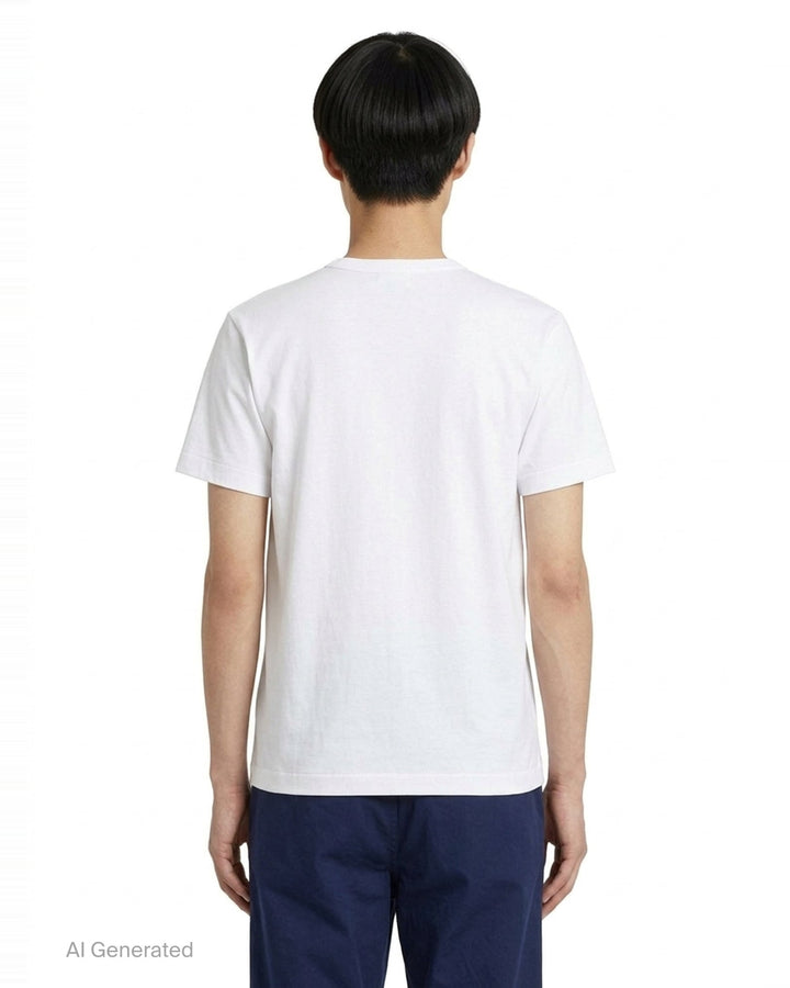 Comme des Garçons PLAY white short sleeve tee with oversized camouflage heart graphic featuring embroidered eyes and red heart emblem patch on chest - back