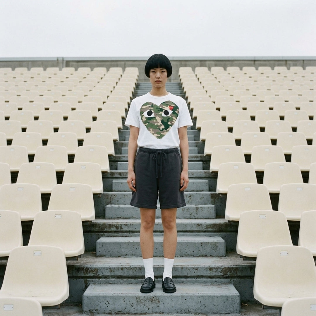 Comme des Garçons PLAY white short sleeve tee with oversized camouflage heart graphic featuring embroidered eyes and red heart emblem patch on chest - lifestyle