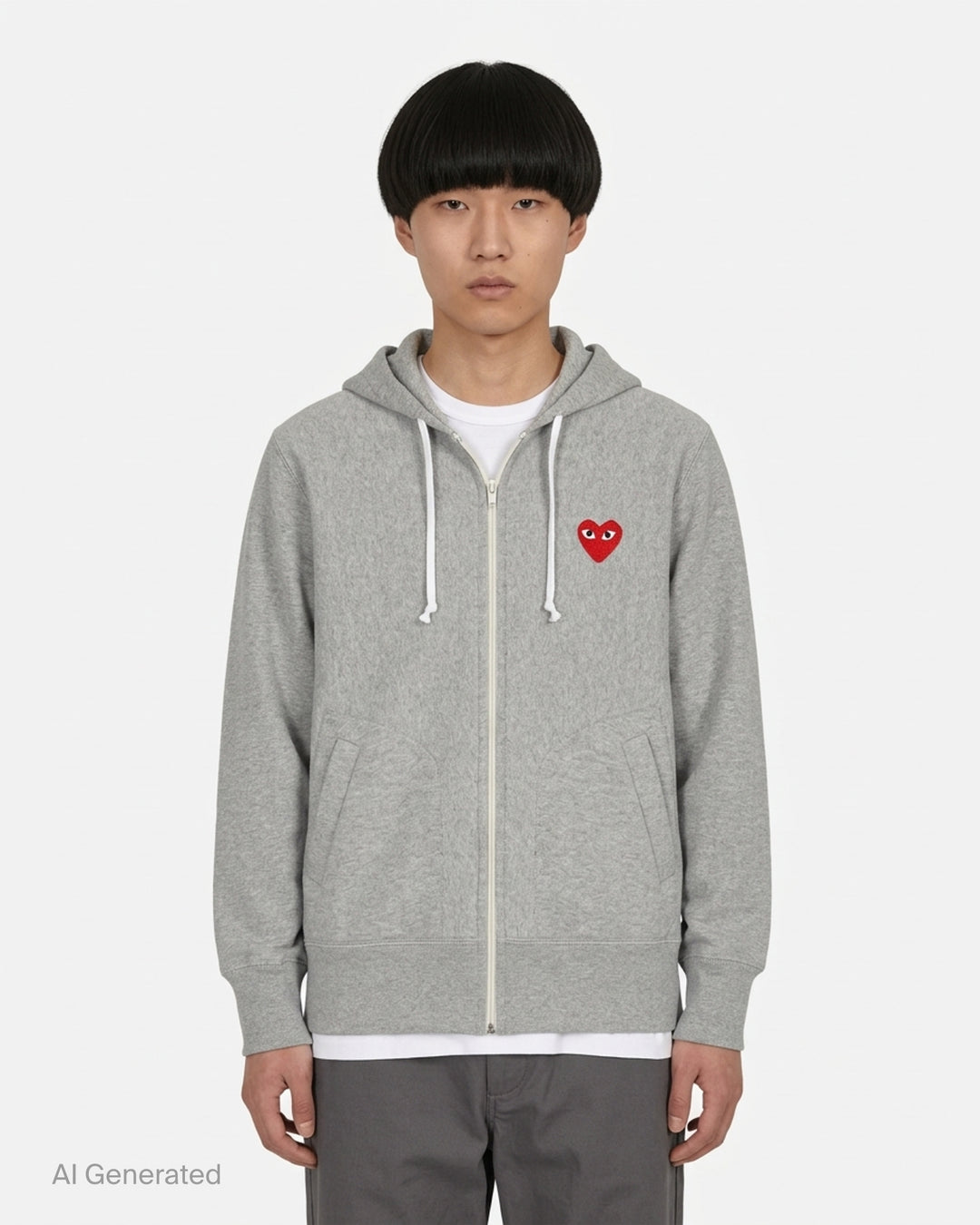 Comme des Garçons PLAY heather grey zip hoodie with embroidered red heart logo at the chest and drawstring hood - front