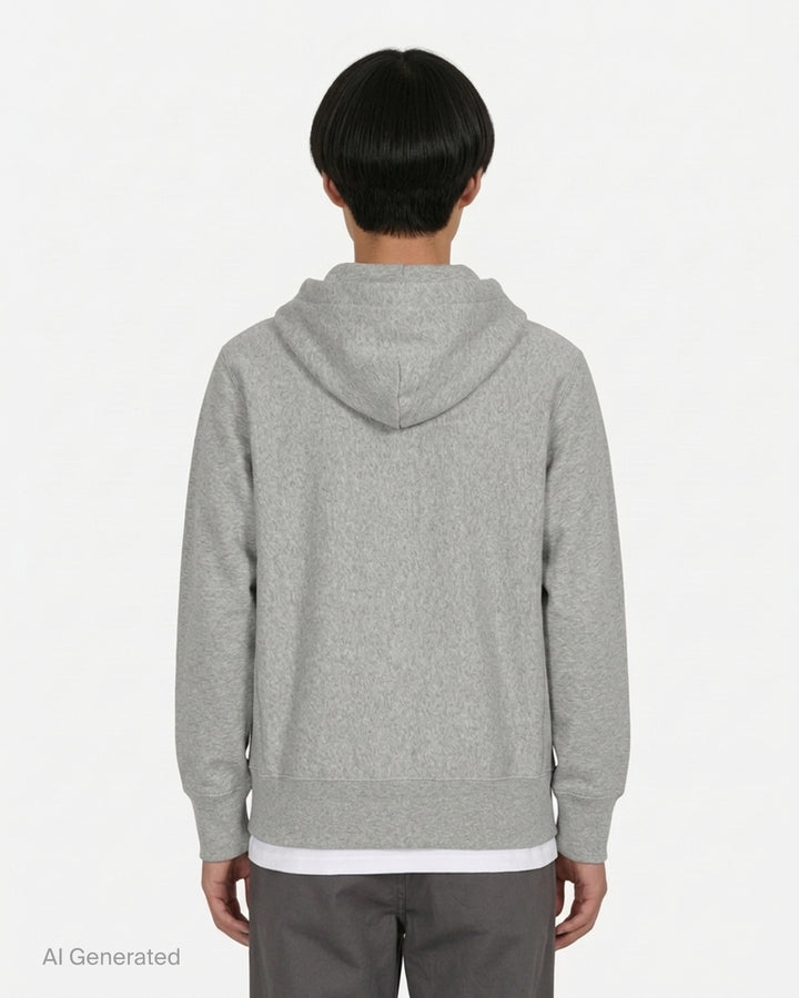 Comme des Garçons PLAY heather grey zip hoodie with embroidered red heart logo at the chest and drawstring hood - back