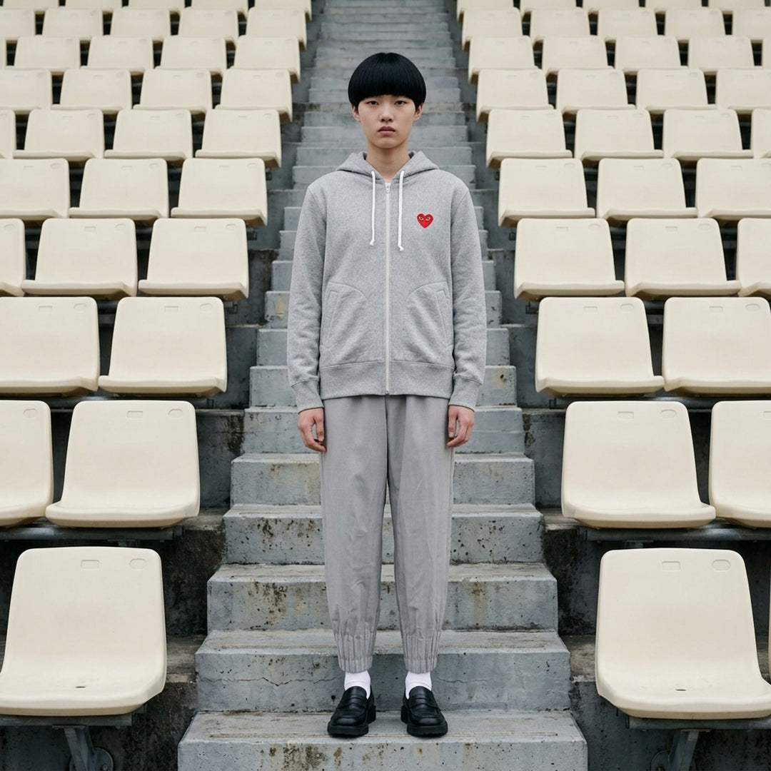 Comme des Garçons PLAY heather grey zip hoodie with embroidered red heart logo at the chest and drawstring hood - lifestyle