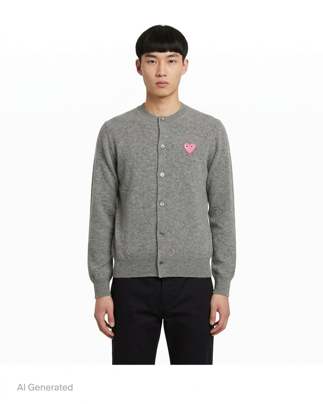 Comme des Garçons PLAY camel round neck cardigan with pink embroidered heart emblem and pearlescent buttons, front view - front