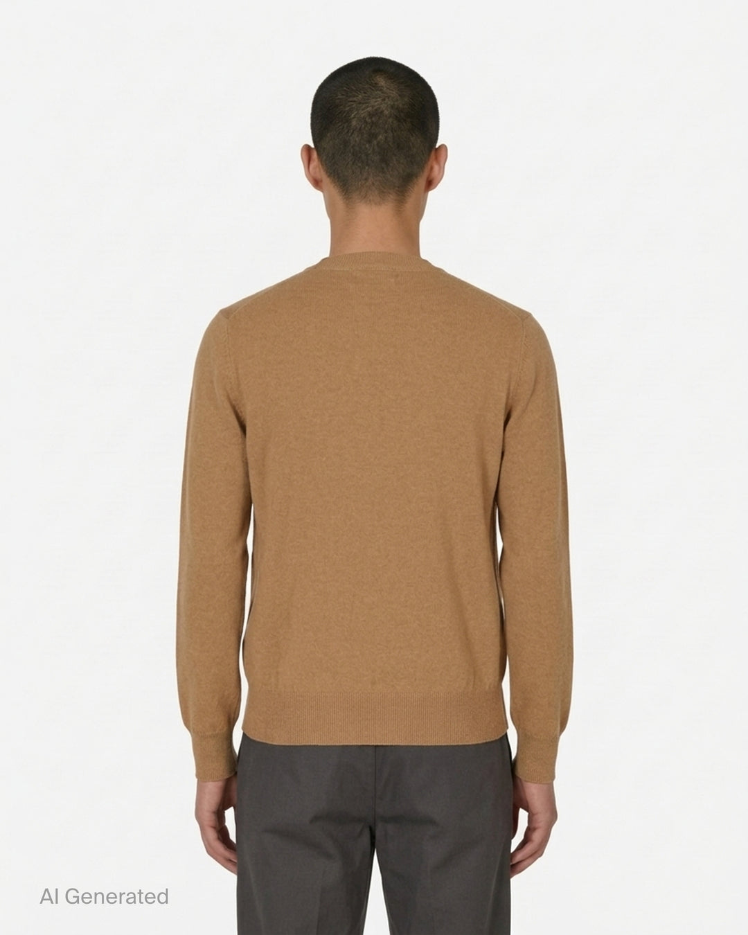Comme des Garçons PLAY camel round neck cardigan with pink embroidered heart emblem and pearlescent buttons, front view - back