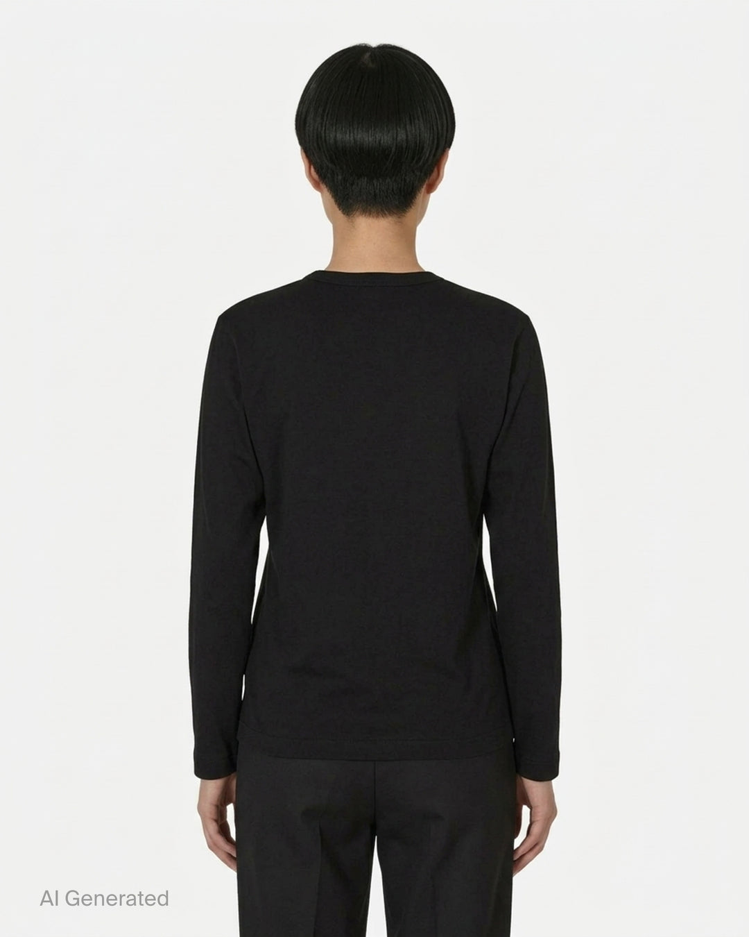 Black long sleeve crew neck tee with a stacked double red heart embroidered patch on the chest and a white PLAY Comme des Garçons neck label - back