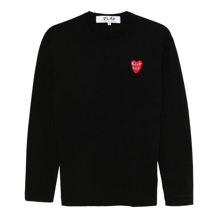 Black long sleeve crew neck tee with a stacked double red heart embroidered patch on the chest and a white PLAY Comme des Garçons neck label - packshot