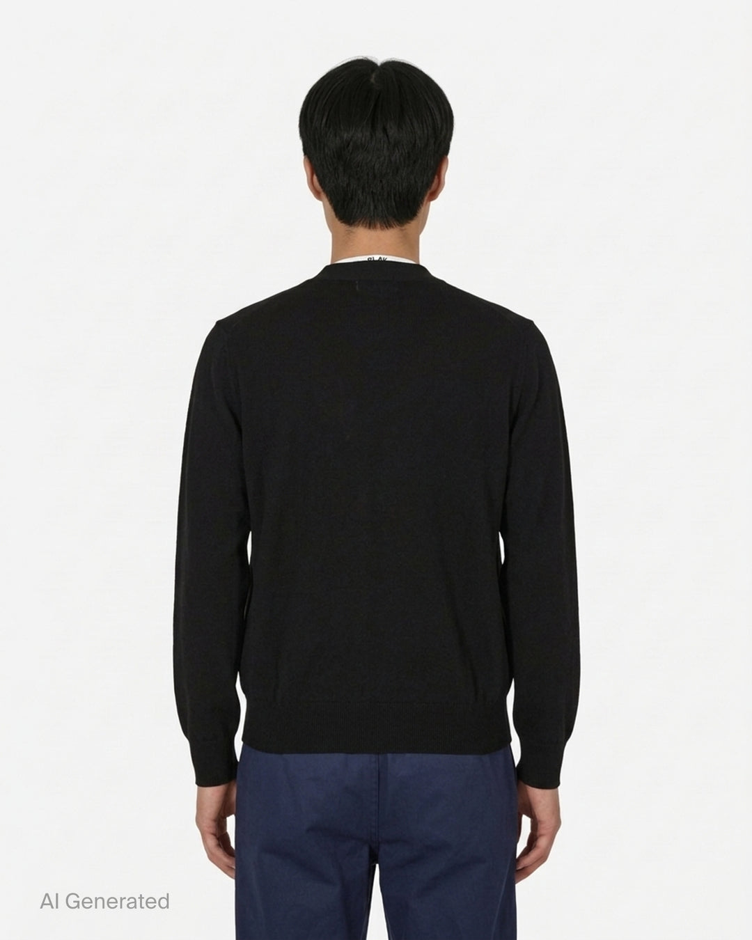 Comme des Garçons PLAY black V-neck cardigan with white buttons and an embroidered pink heart emblem on the chest - back