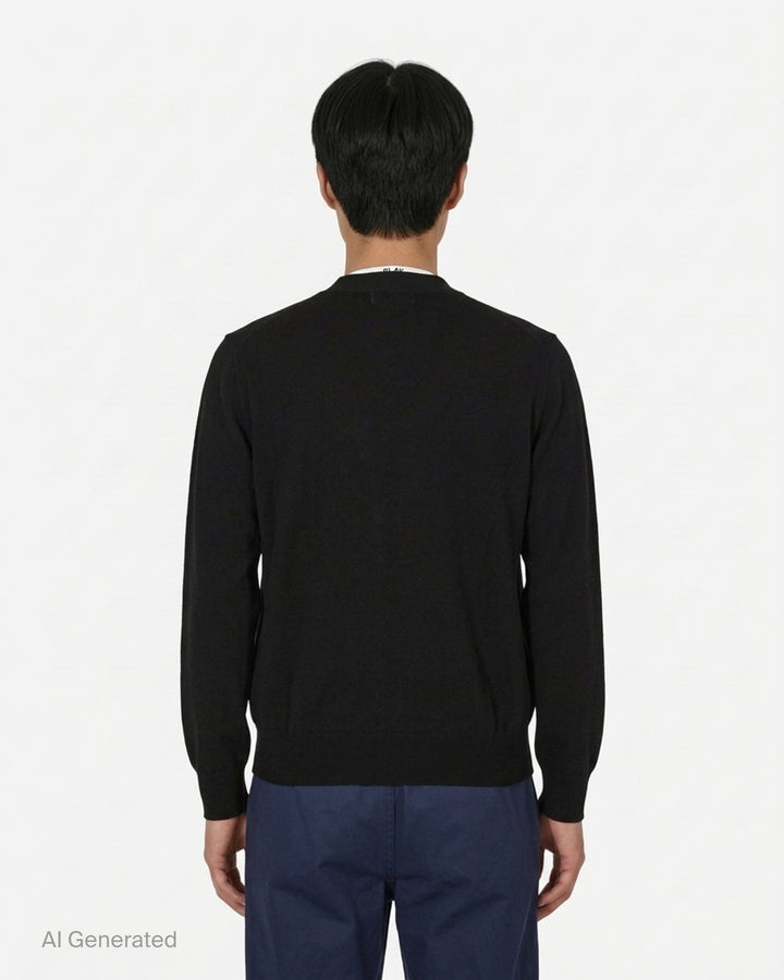 Comme des Garçons PLAY black V-neck cardigan with white buttons and an embroidered pink heart emblem on the chest - back
