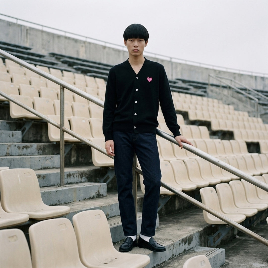 Comme des Garçons PLAY black V-neck cardigan with white buttons and an embroidered pink heart emblem on the chest - lifestyle