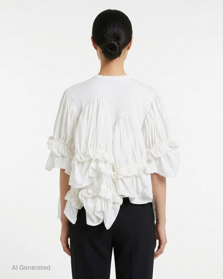 Comme des Garçons white ruffled tiered tee with pleated scalloped panels and gathered puff sleeves - back