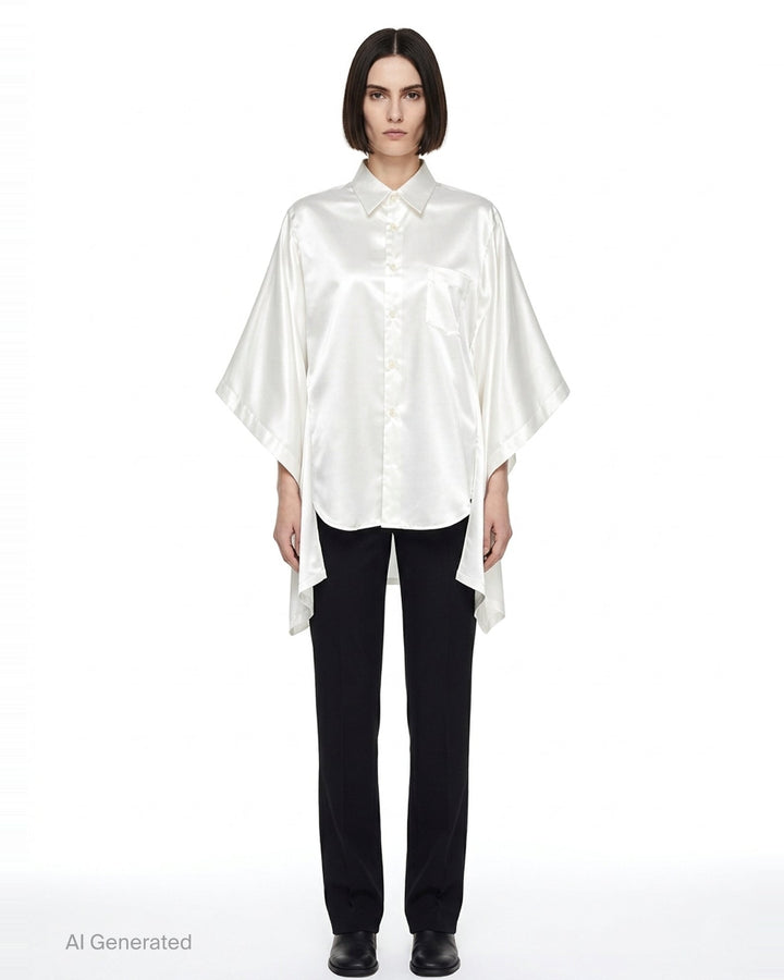 Comme des Garçons black polyester satin blouse with wide cape sleeves, button-front fastening, chest pocket, and contrast matte hem panel, displayed flat on a white background - front