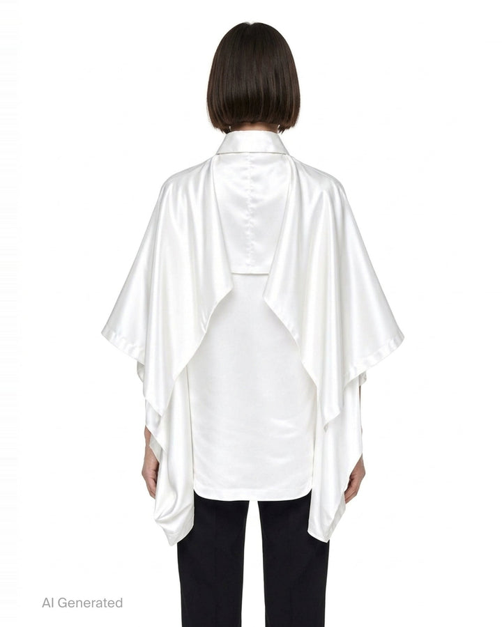Comme des Garçons black polyester satin blouse with wide cape sleeves, button-front fastening, chest pocket, and contrast matte hem panel, displayed flat on a white background - back