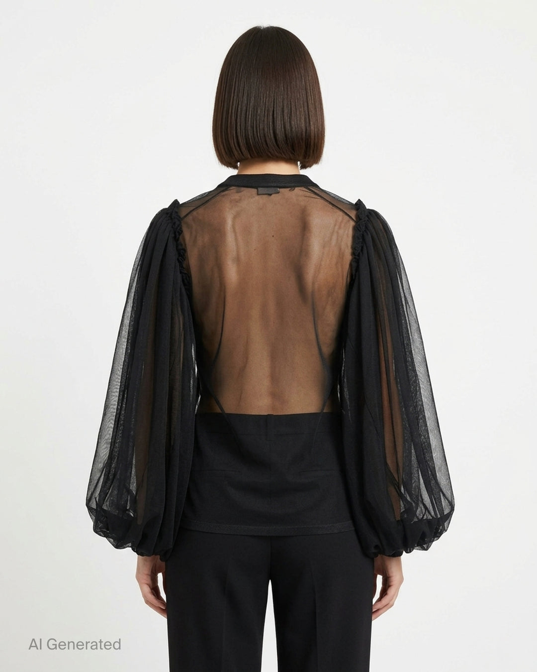 Comme des Garçons black sheer jersey blouse with voluminous balloon sleeves and gathered shoulder details, shown from the front - back