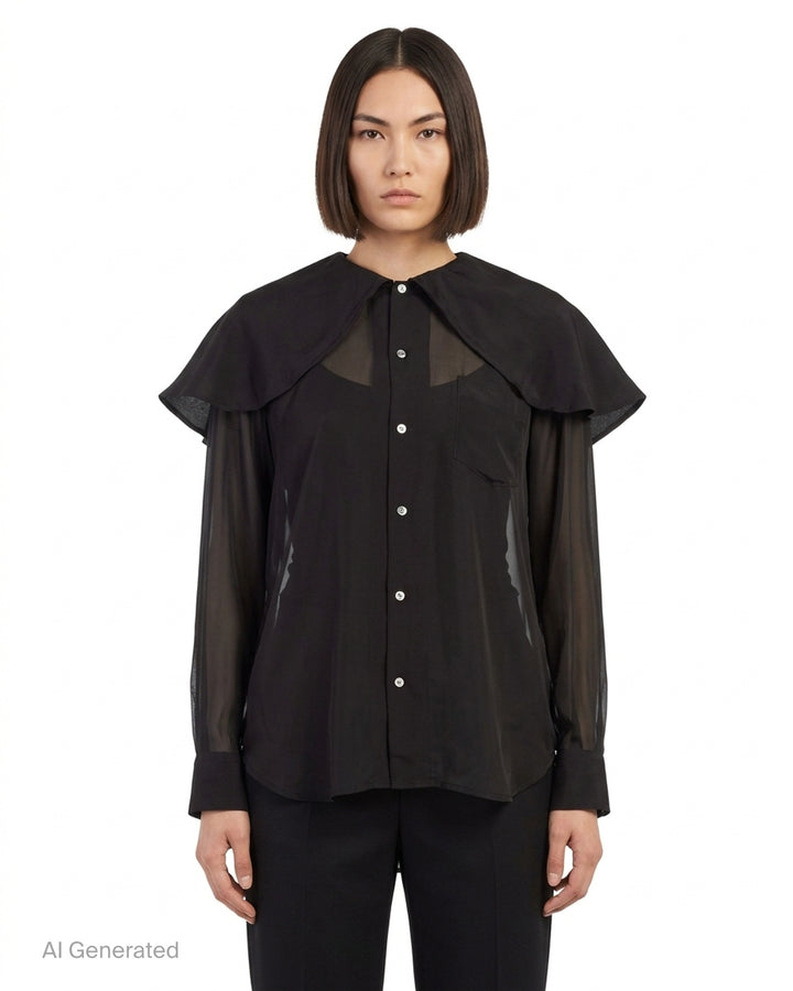 Comme des Garçons sheer black rayon georgette shirt with oversized layered cape collar, patch chest pocket and mother-of-pearl buttons - front